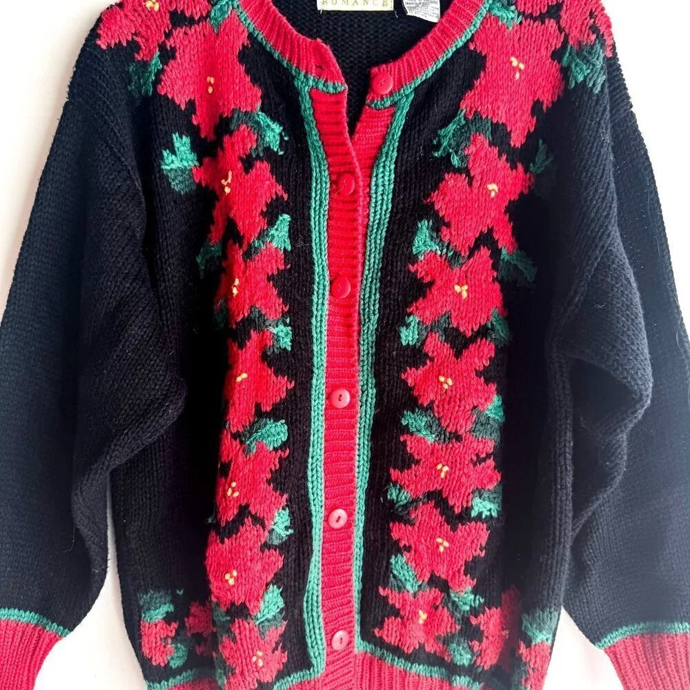 Vintage Country Romance Poinsettia Print Christmas Cardigan Sweater L